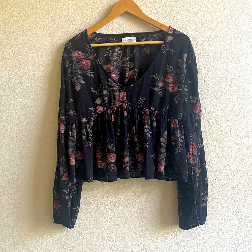 💛Denim and supply, Ralph Lauren long sleeve black floral baby doll crop. L